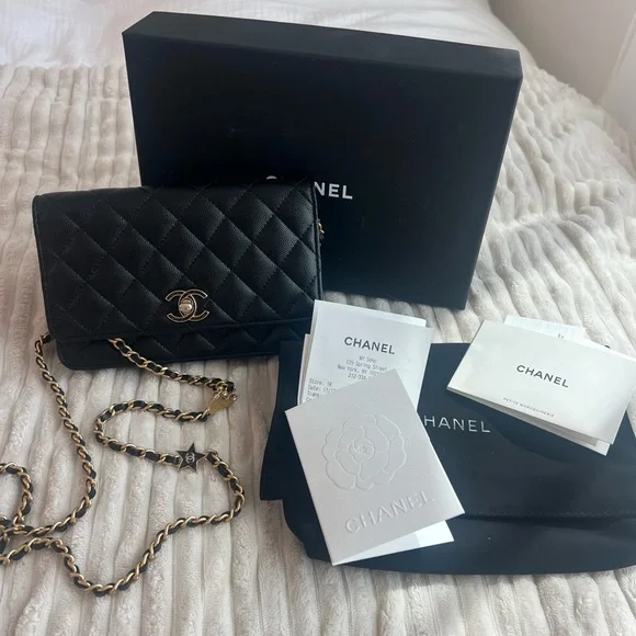 CHANEL Black Caviar Wallet with Gold Chain & Charms - Picture 1 of 12